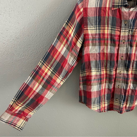 Ralph Lauren Women's Button Up Shirt Plaid 100% Linen S Petite Embroidered Logo - Picture 2 of 7